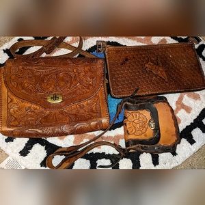 Lot 3 vintage western hand tooled leather purses & bank bag, see description